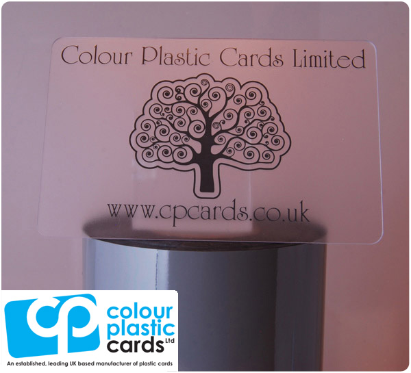 clear frosted plastic business cards printed with dark grey ink