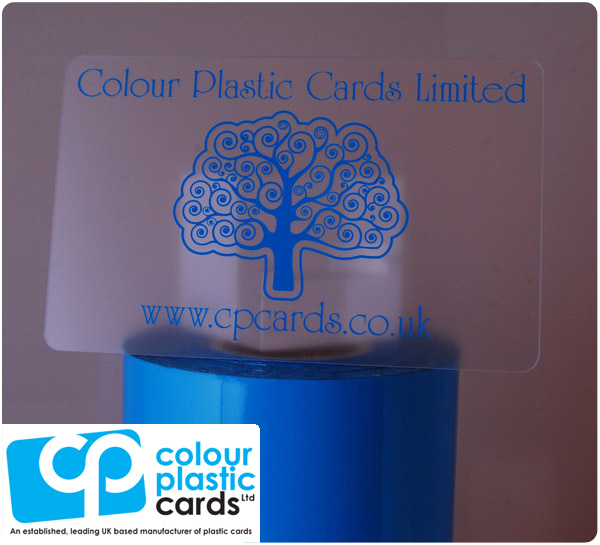 clear frosted plastic business cards printed with light blue ink