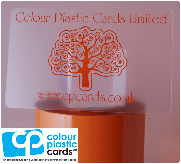 clear frosted plastic business cards printed with light brown ink