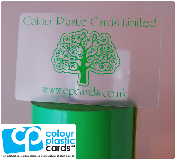 clear frosted plastic business cards printed with light green ink