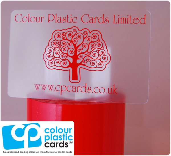 clear frosted plastic business cards printed with light red ink