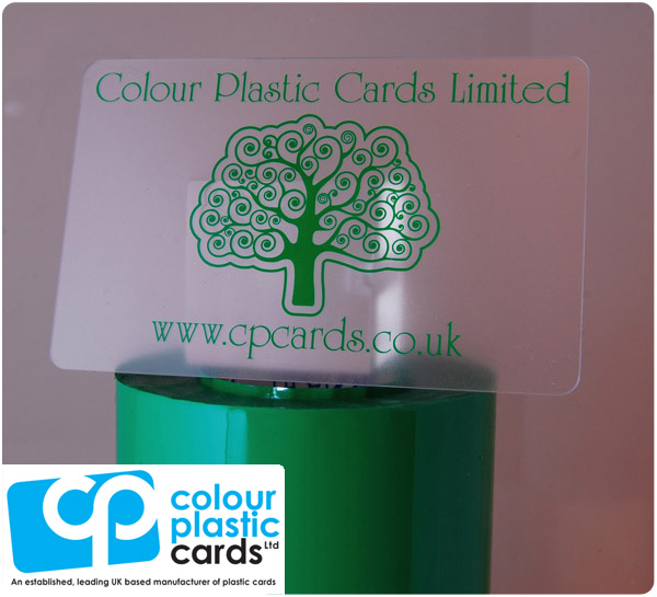 clear frosted plastic business cards printed with medium green ink
