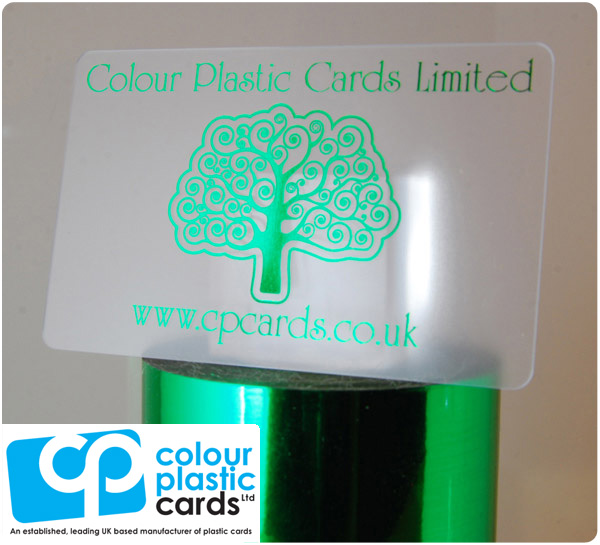 clear frosted plastic business cards printed with metallic green ink