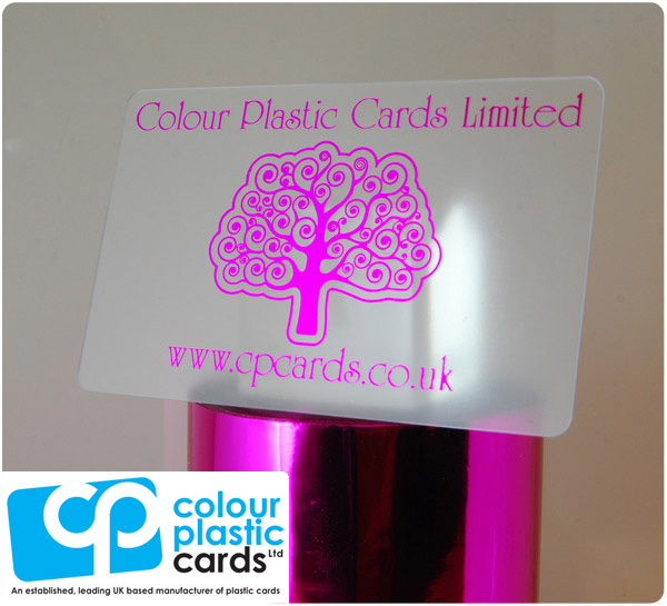 clear frosted plastic business cards printed with metallic pink ink