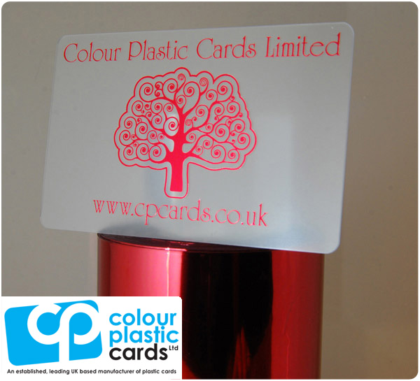 clear frosted plastic business cards printed with metallic red ink