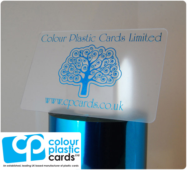 clear frosted plastic business cards printed with metallic turquoise ink