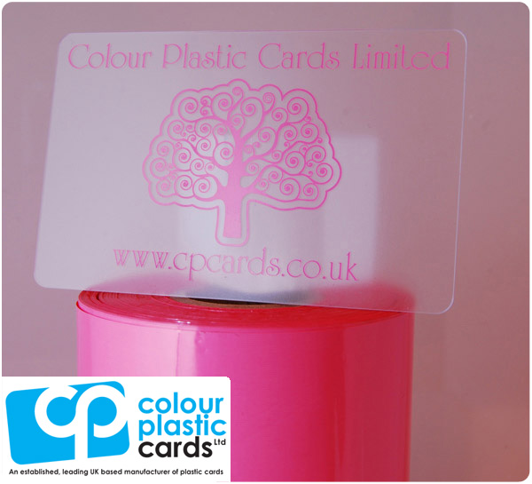 clear frosted plastic business cards printed with pink ink