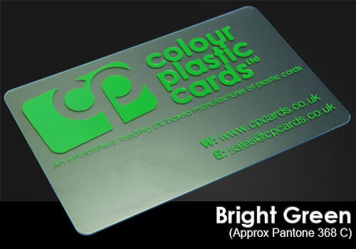 bright green printed on a frosted plastic card