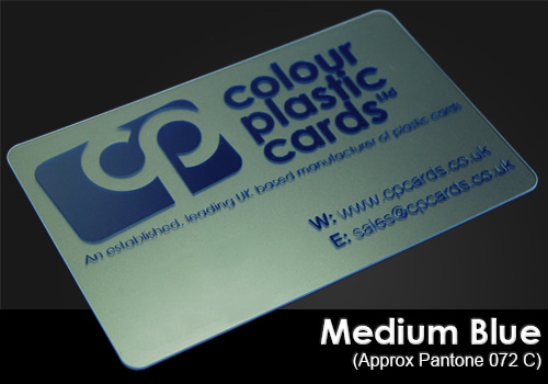 medium blue printed on a frosted plastic card
