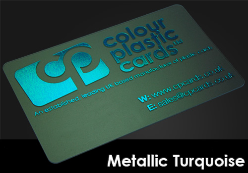 metallic turquoise printed on a frosted plastic card