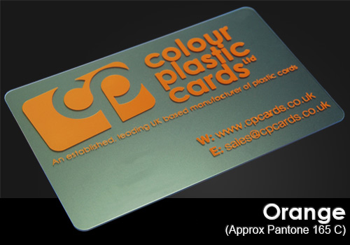 orange printed on a frosted plastic card