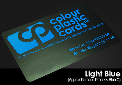 light blue printed on a satin black plastic card