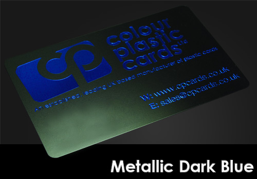 metallic dark blue printed on a satin black plastic card
