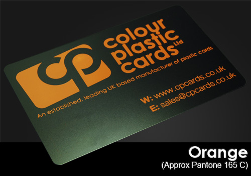 orange printed on a satin black plastic card