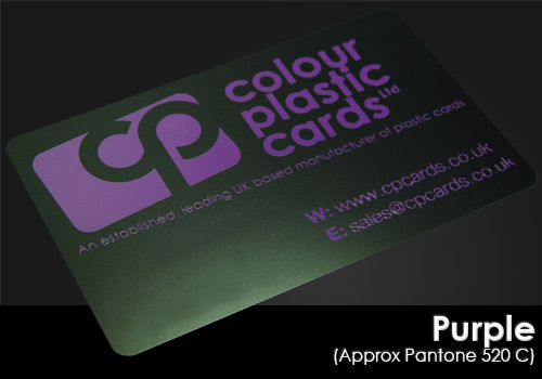 purple printed on a satin black plastic card