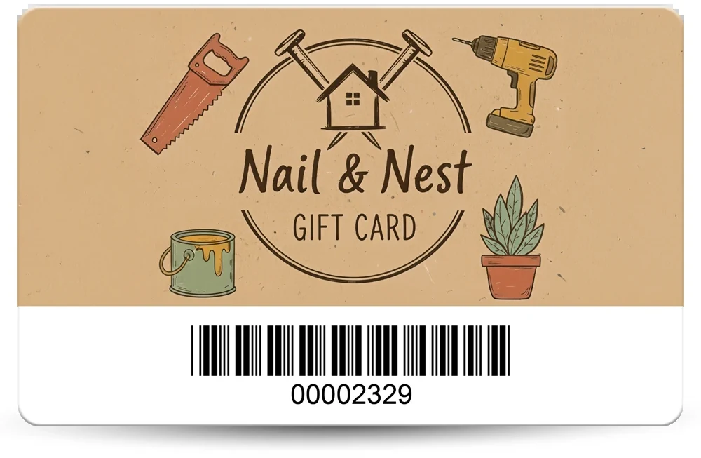 the back of a full colour plastic gift card for a made-up DIY shop, with a logo, and a barcode on a white band across the foot with the number 00002329 under the bars