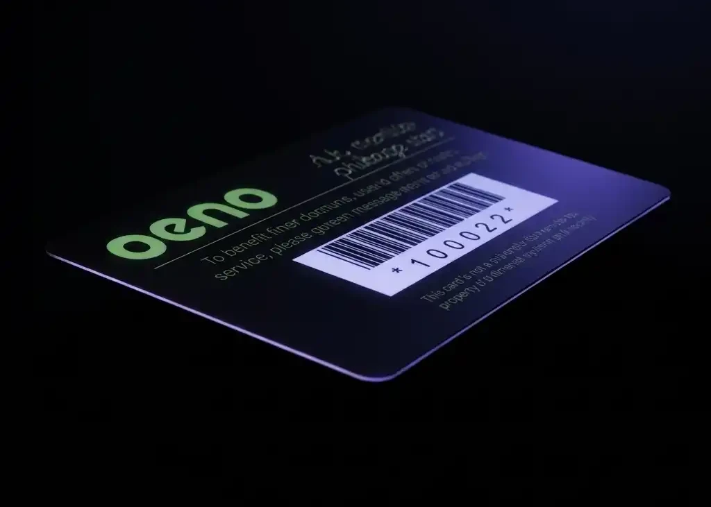 a dark plastic card with a barcode and card number printed on a white panel