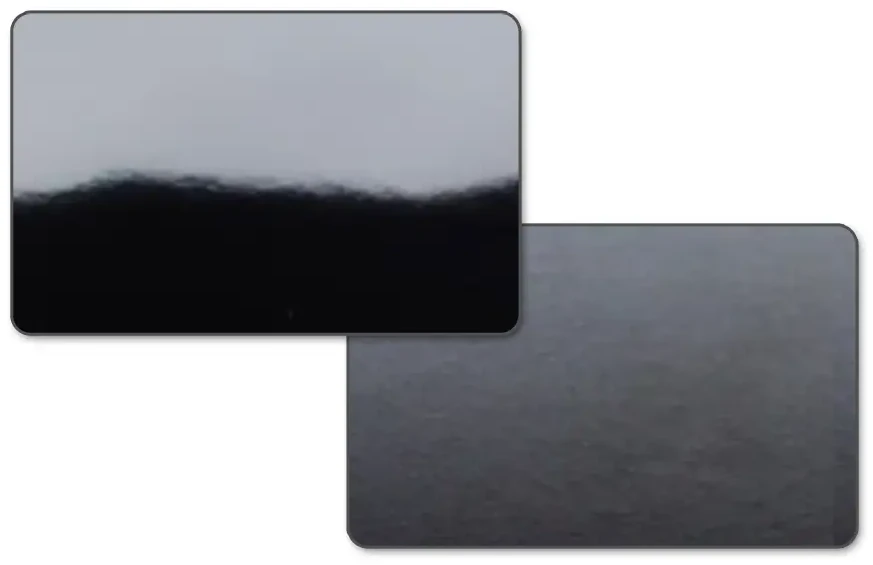 two black plastic cards side by side, the left one in a High Gloss finish reflecting the light, the right one in a flat Premium Matt finish