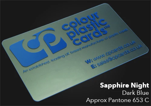 Dark Blue printed on a frosted plastic card
