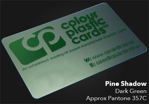 Dark Green printed on a frosted plastic card
