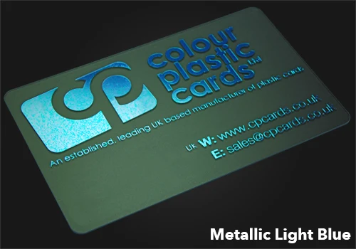 Metallic Light Blue printed on a frosted plastic card