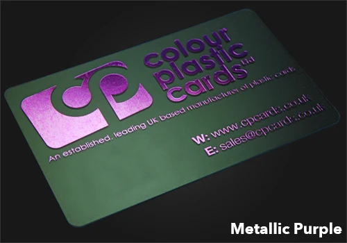 metallic purple printed on a frosted plastic card