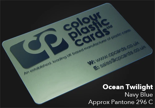 Navy Blue printed on a frosted plastic card