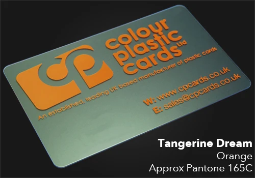 Orange printed on a frosted plastic card