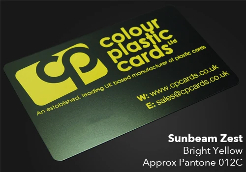 Bright Yellow printed on a satin black plastic card