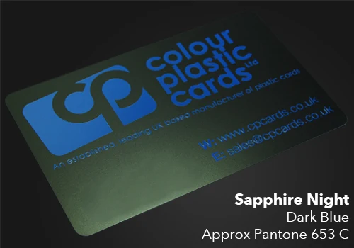dark blue printed on a satin black plastic card