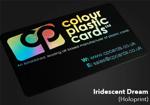 Turquoise printed on a satin black plastic card