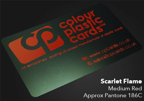 medium red printed on a satin black plastic card