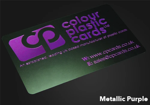 Metallic Purple printed on a satin black plastic card