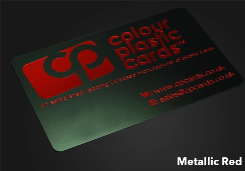 Metallic Red printed on a satin black plastic card