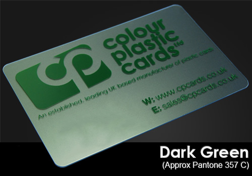 dark green printed on a frosted plastic card
