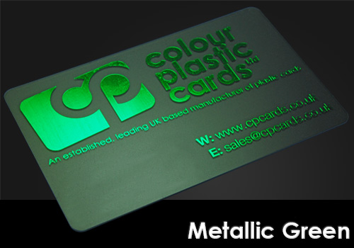 metallic green printed on a frosted plastic card