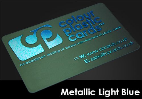metallic light blue printed on a frosted plastic card