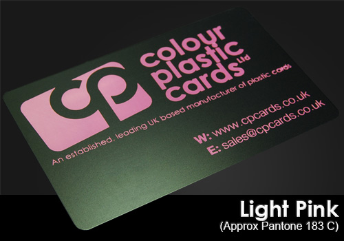 light pink printed on a satin black plastic card