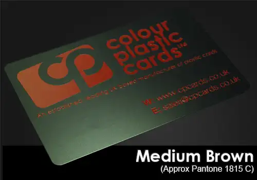 medium brown printed on a satin black plastic card