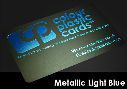 metallic light blue printed on a satin black plastic card