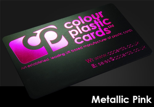 metallic pink printed on a satin black plastic card