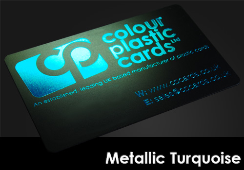 metallic turquoise printed on a satin black plastic card