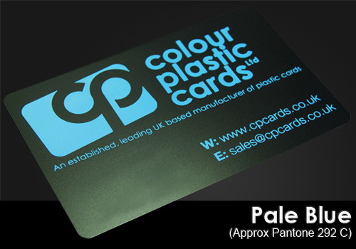 pale blue printed on a satin black plastic card
