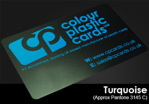 turquoise printed on a satin black plastic card