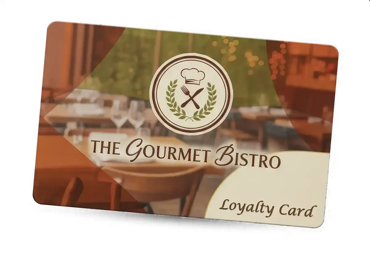 a restaurant loyalty card for The Gourmet Bistro, with a chef&rsquo;s hat and crossed knife and fork crest over a photograph of the dining room