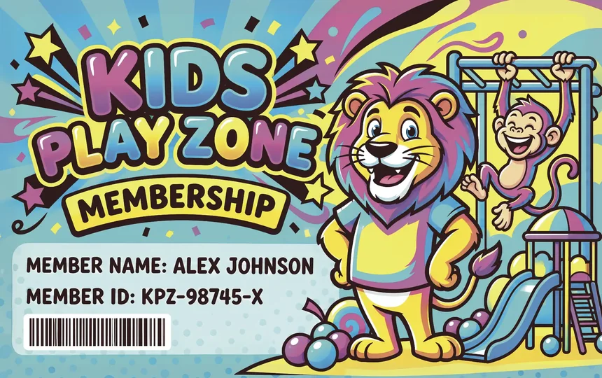 The front of a Kids Play Zone membership card converted to CMYK without enhancement: dark brown outlines and text, greyer blues and pinks, and a pale yellow