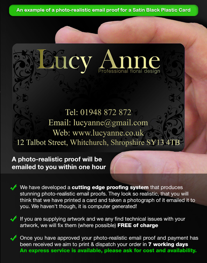 a realistic proof of a satin black plastic business card