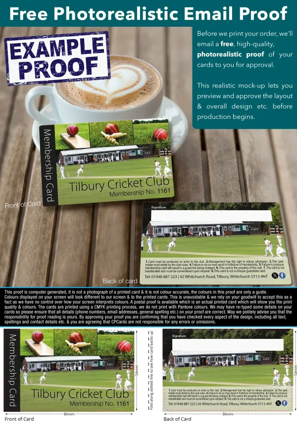 An example email proof for a cricket club membership card, showing the front and back on a cafe table and both sides flat with their measurements