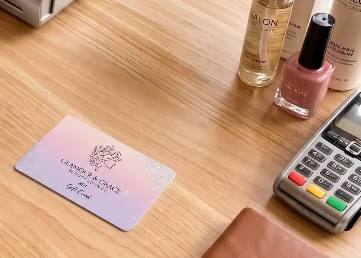 Glamour and Grace salon gift card on a reception counter