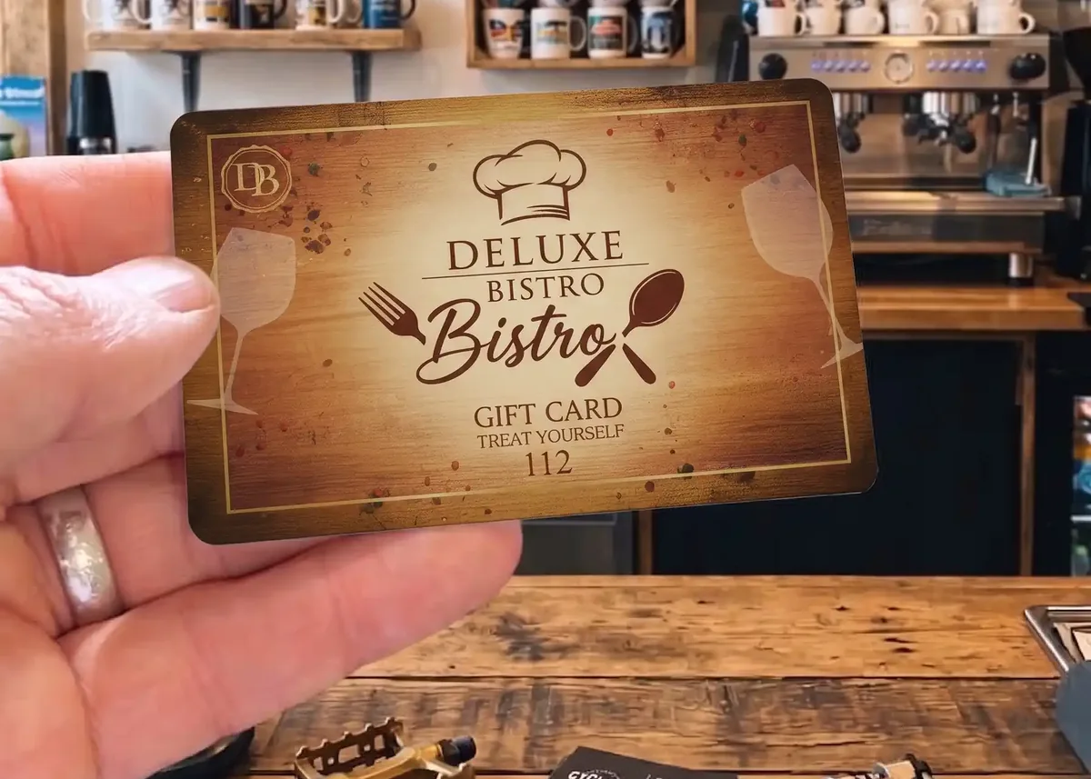 Deluxe Bistro gift card held up in a cafe